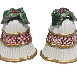 Fitz Floyd Christmas Bells Salt Pepper Shaker Set 3" handpainted vtg Holiday cer